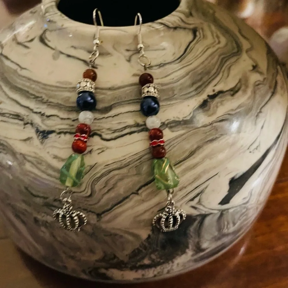 New Handmade Sterling Silver Queen Green Blue & Red Dangle OOAK Earrings